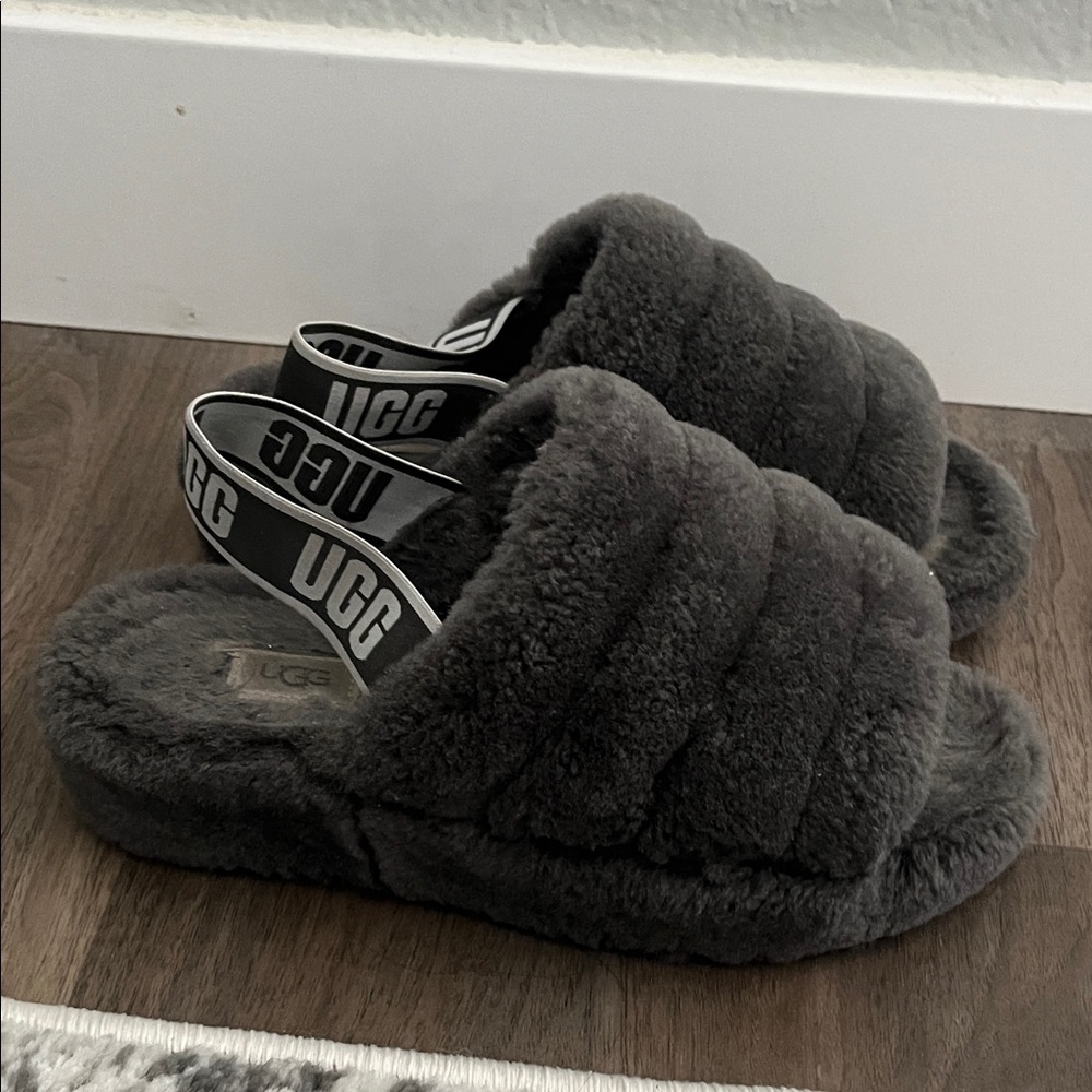 UGG Charcoal Fluffy Slides